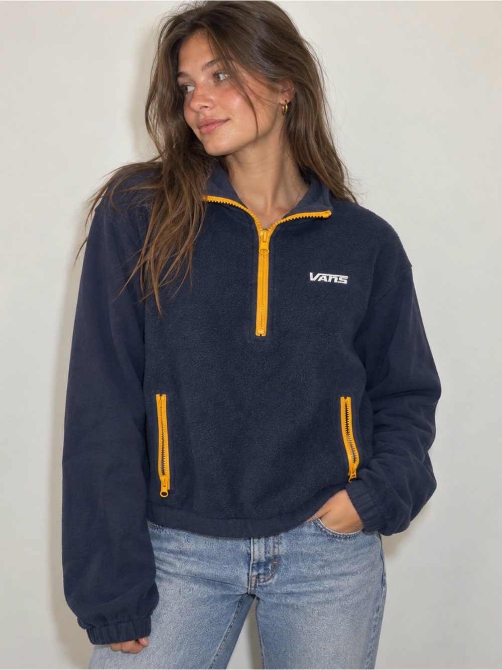 Vans Navy Blue Yellow Quarter Zip Pullover Sweatshirt Size S Skate